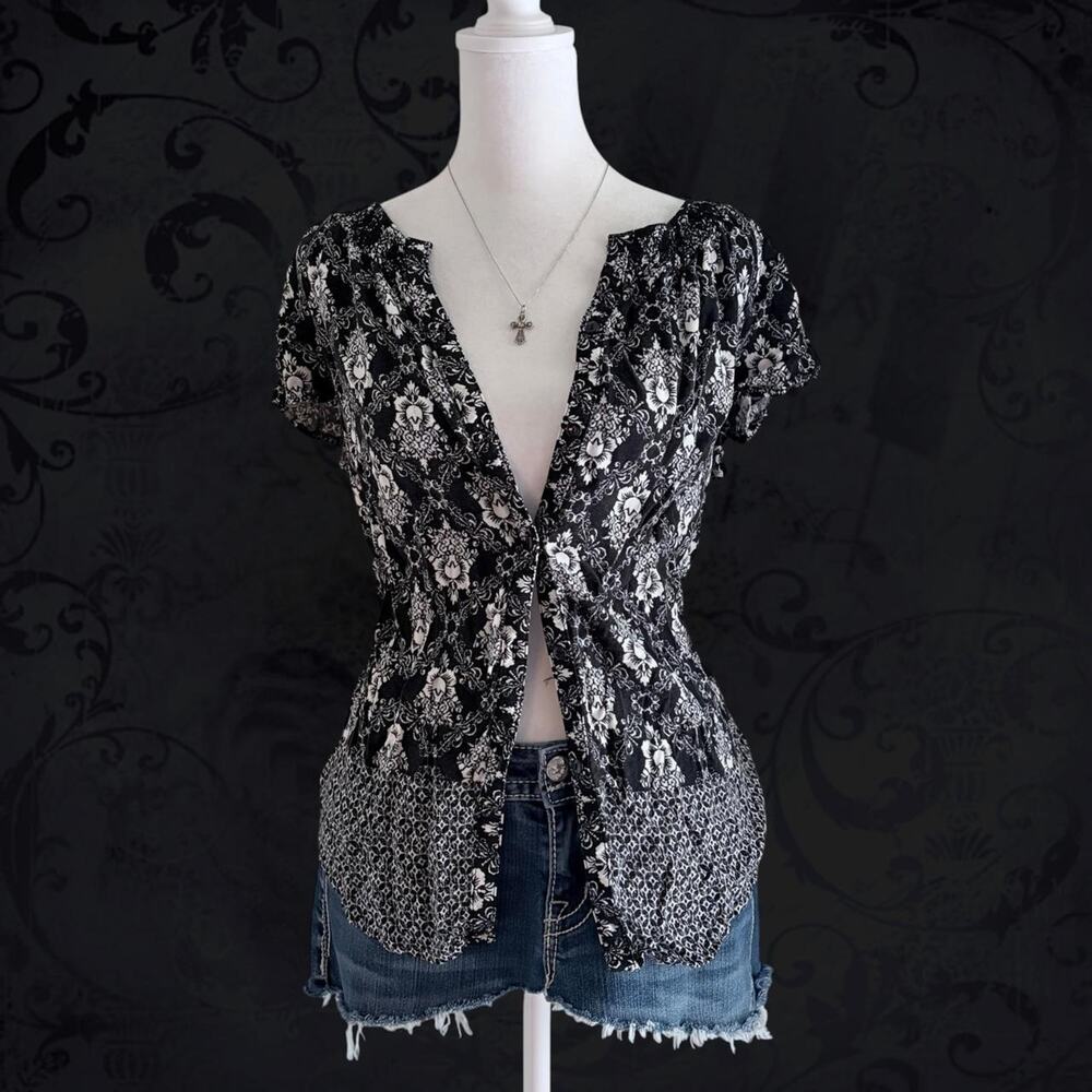mixed floral, paisley, and ornate scroll print button up top